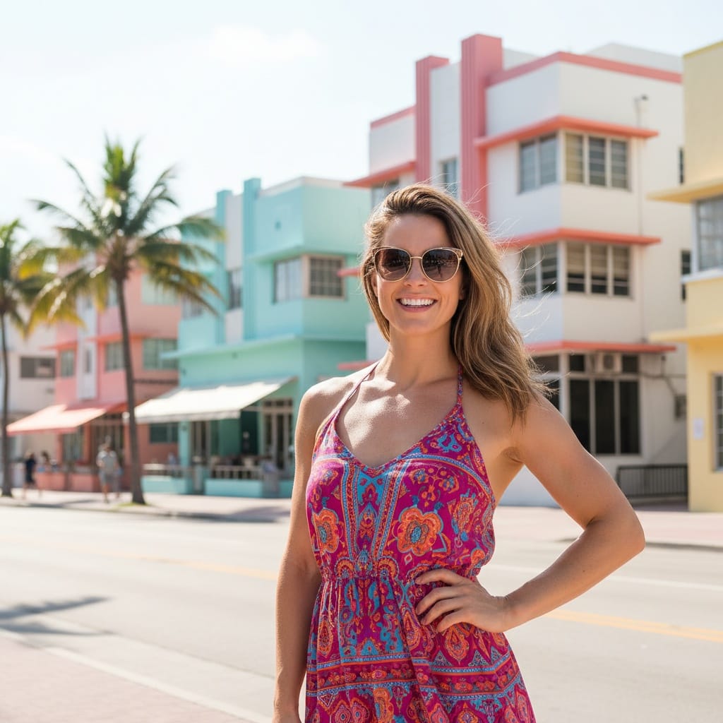 athletic white woman ocean drive art deco 74491680