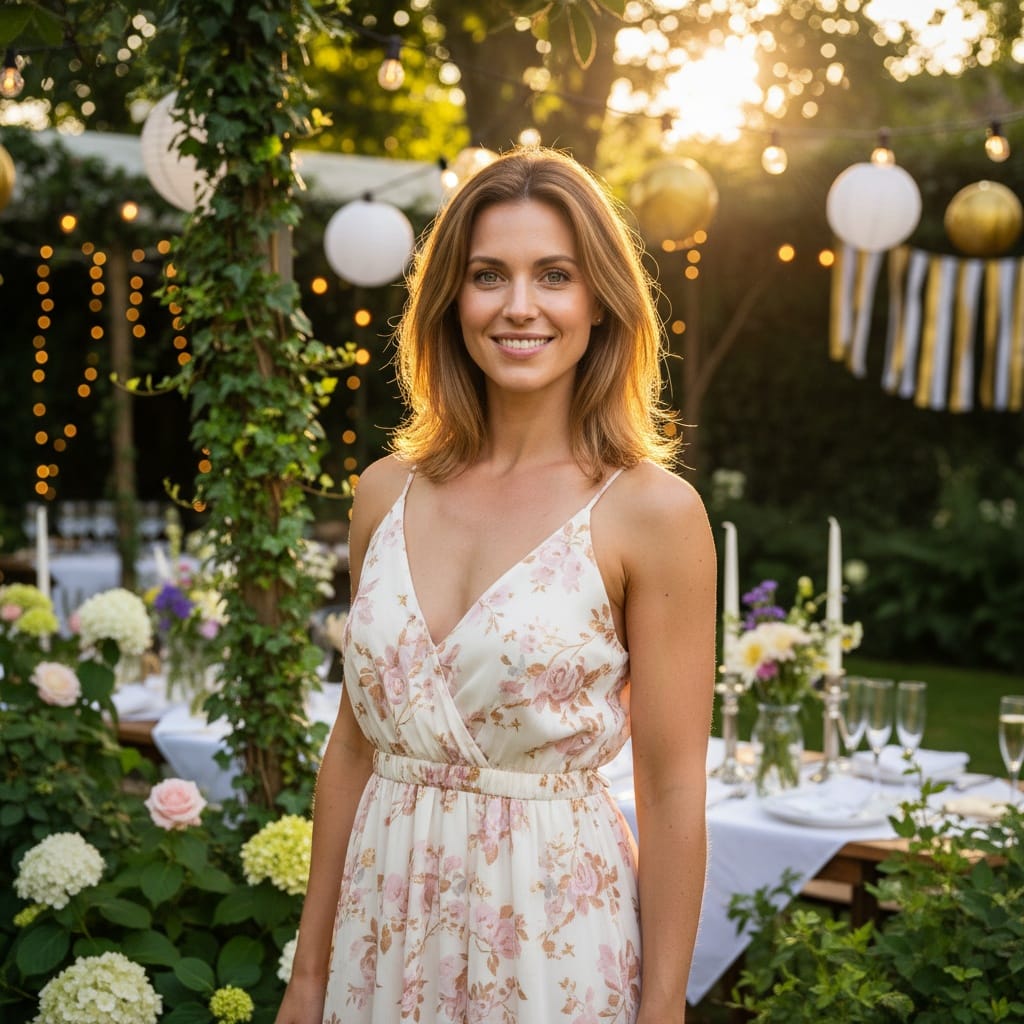 athletic white woman outdoor garden party setting 43109318