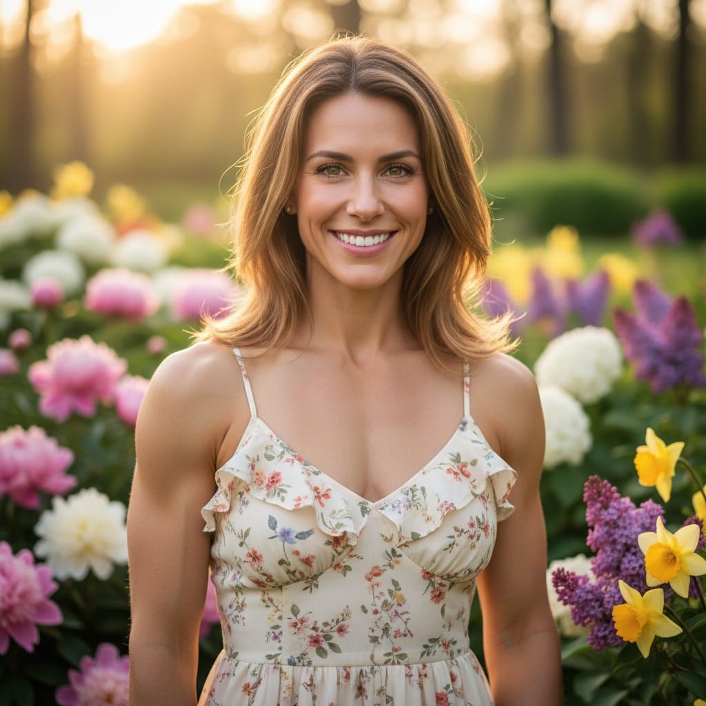 athletic white woman outdoor garden portrait 49530810