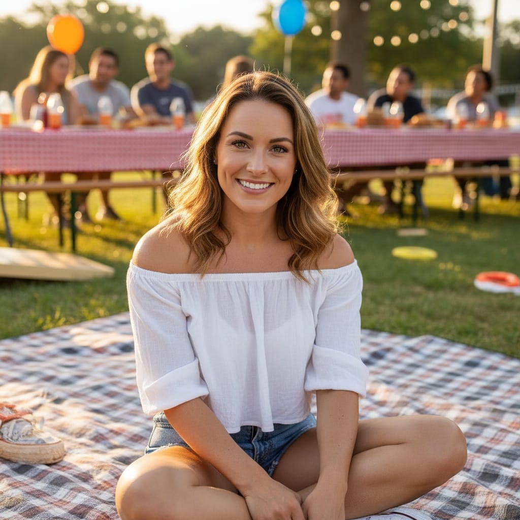 athletic white woman outdoor group picnic style 30390455