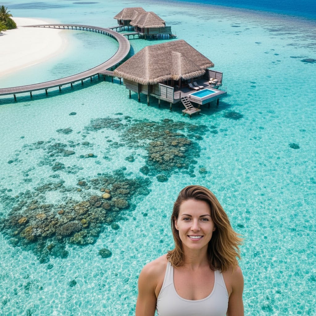 athletic white woman overwater bungalow aerial view 47053857