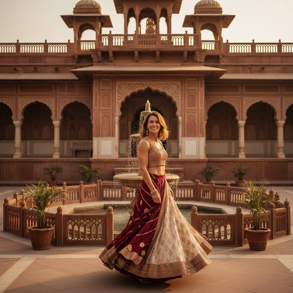 athletic white woman palace courtyard sunset 63482407