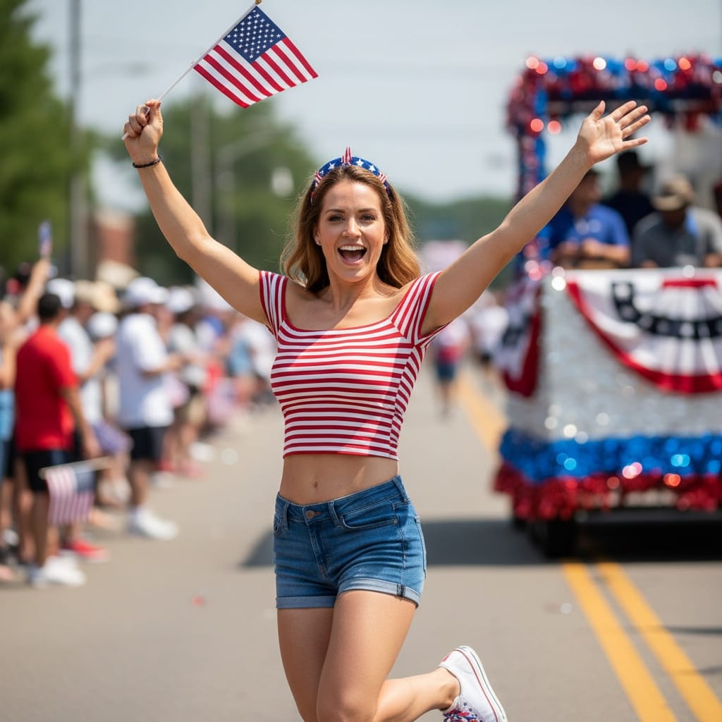 athletic white woman parade route waving 84391272