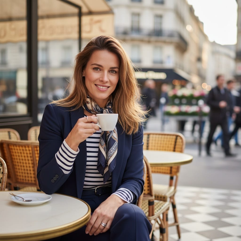athletic white woman parisian cafe lifestyle 94118277