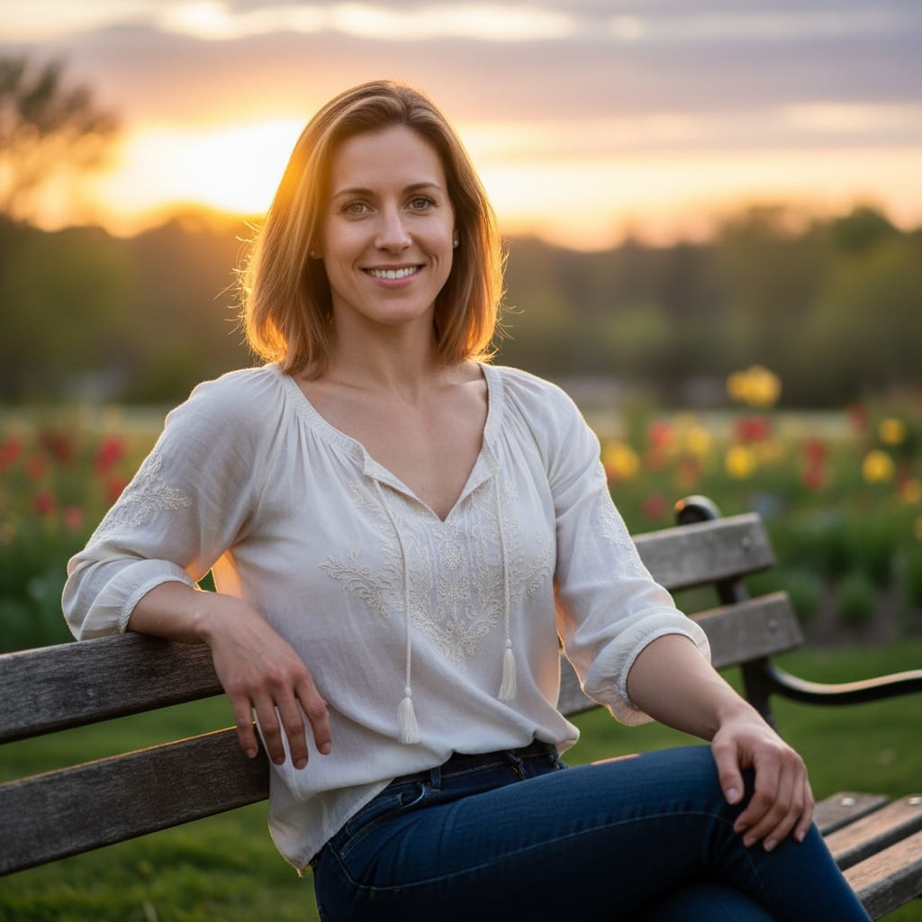 athletic white woman park bench golden hour 10502160