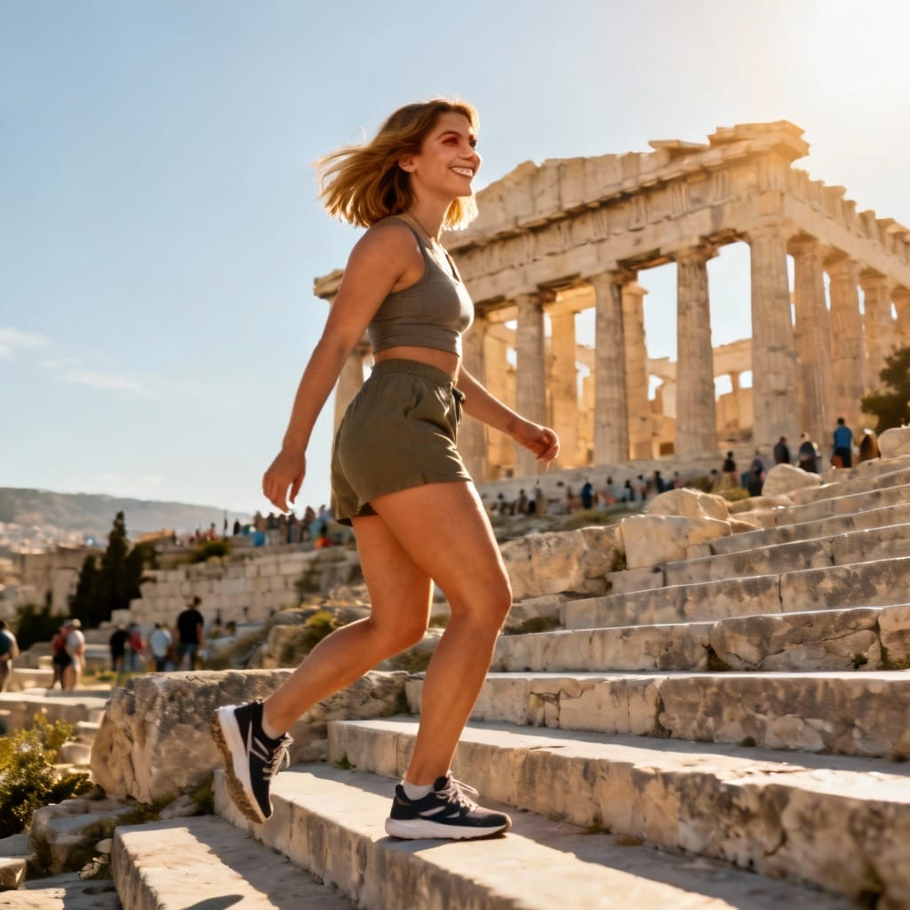 athletic white woman parthenon steps walking 36539221
