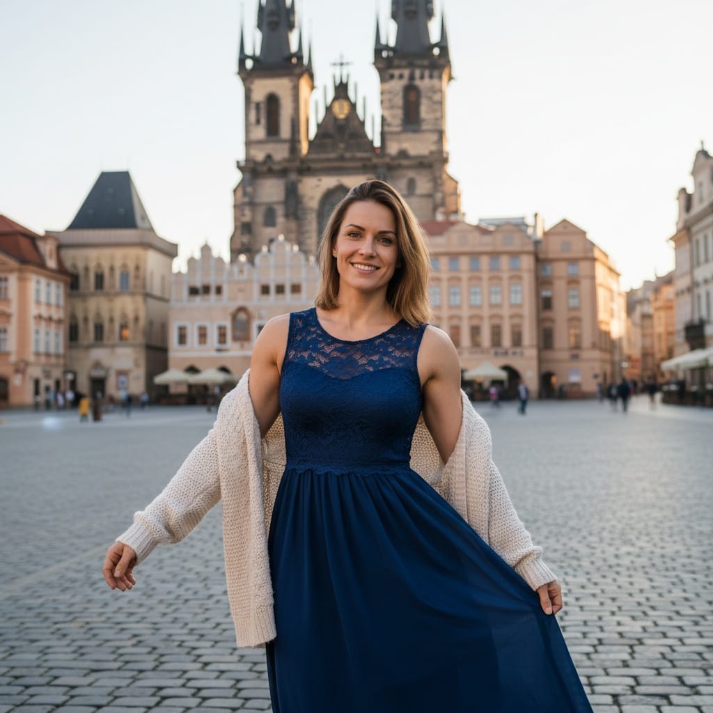 athletic white woman prague old town square 54060158