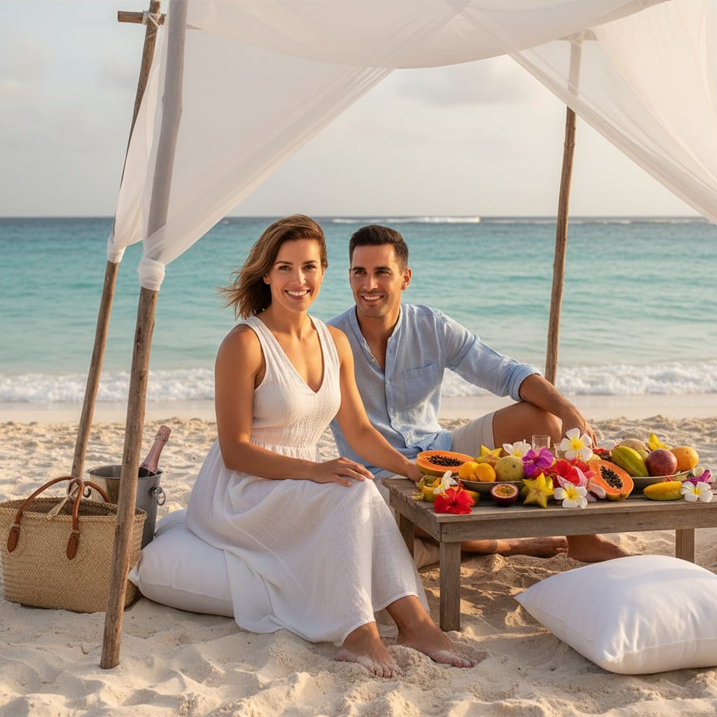 athletic white woman private beach picnic 95120775
