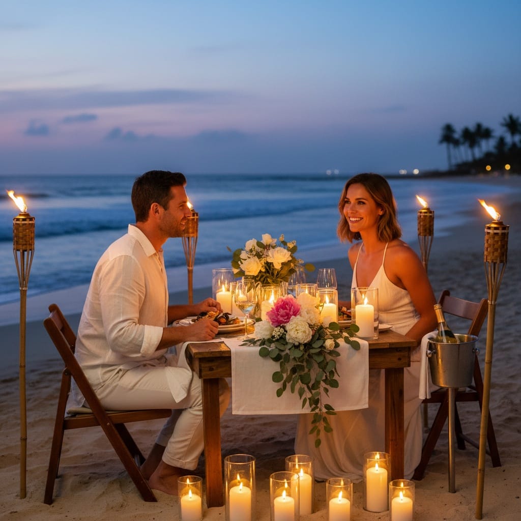 athletic white woman resort dinner candlelight 18996649