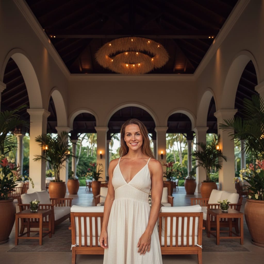 athletic white woman resort lobby tropical luxury 22136666