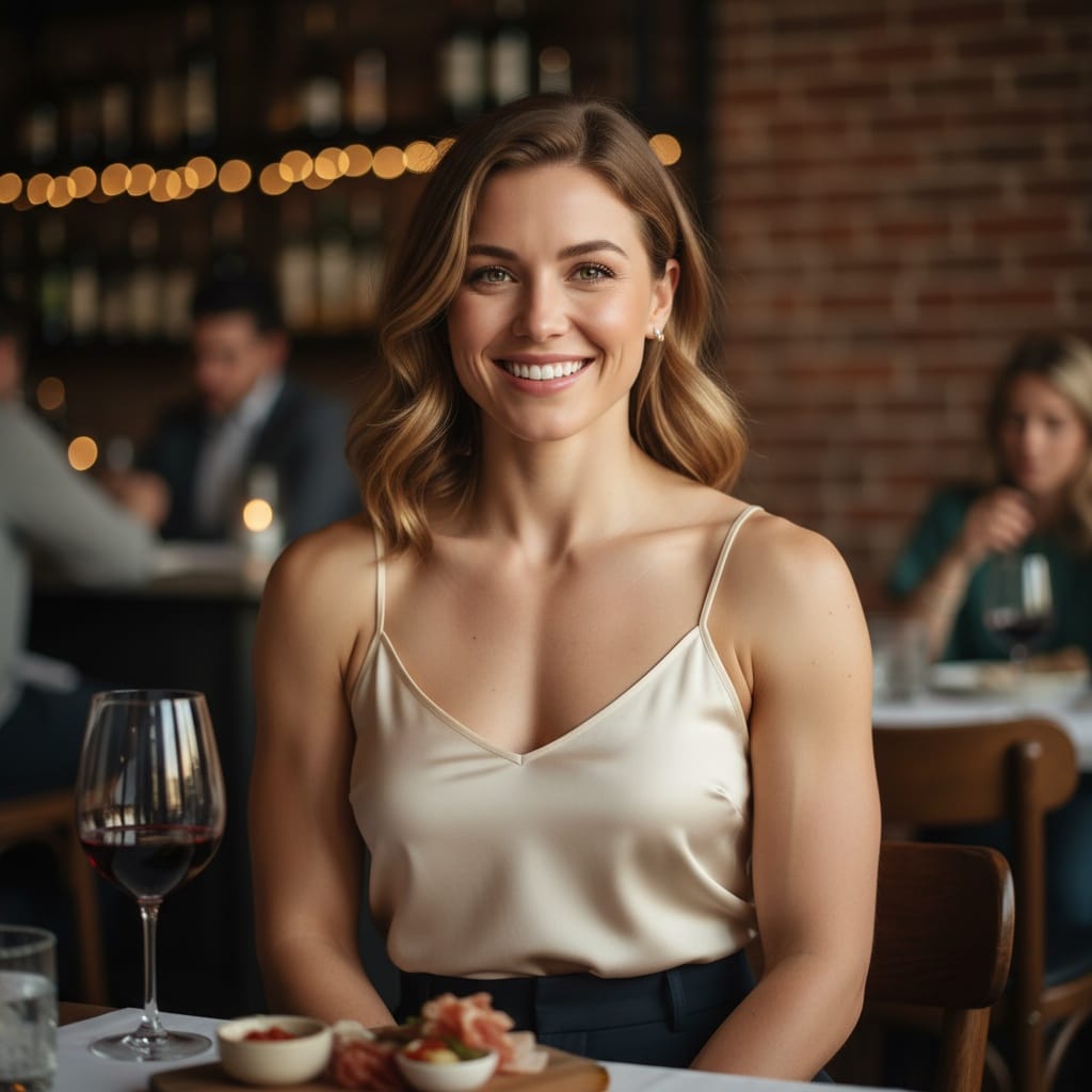athletic white woman restaurant date ready 73519612