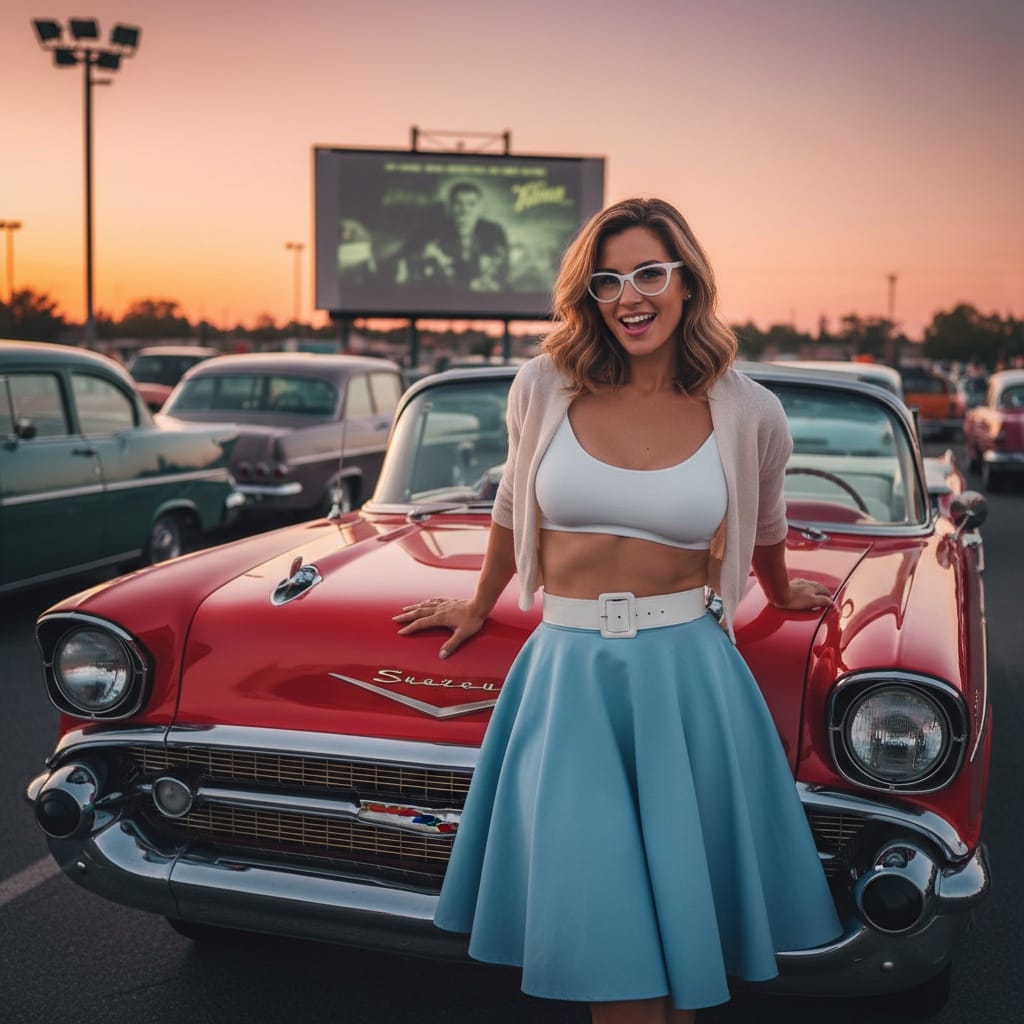 athletic white woman retro drive in theater 45635766