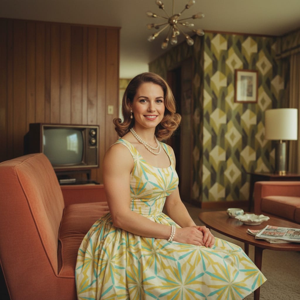 athletic white woman retro living room portrait 20194168