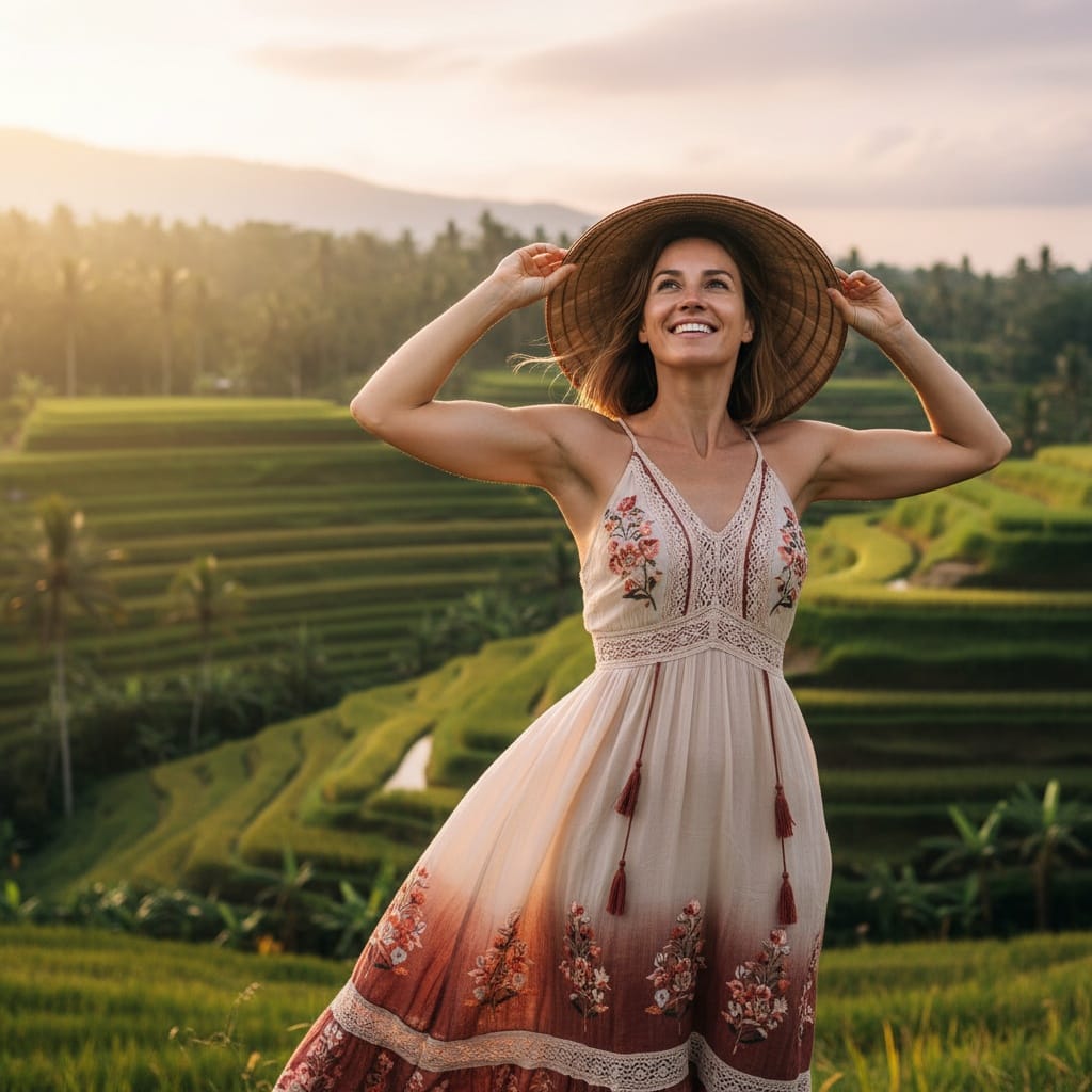 athletic white woman rice terrace overlook portrait 43310661