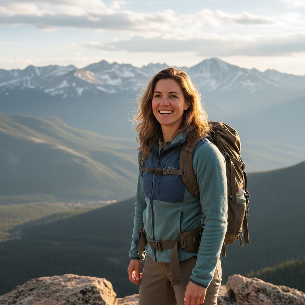 athletic white woman rocky mountain overlook 76109932