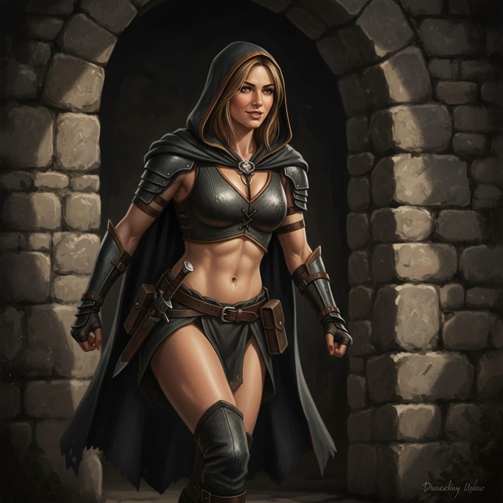 athletic white woman rogue thief shadowy portrait 83437696