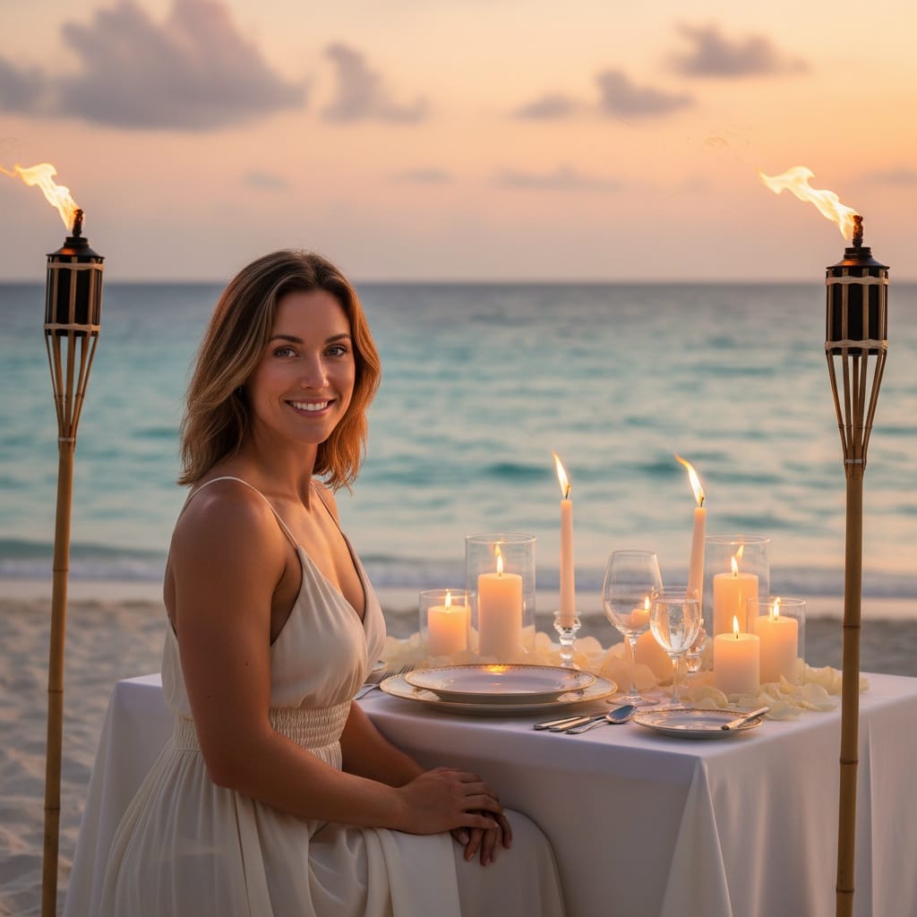 athletic white woman romantic beach dinner setup 27682619