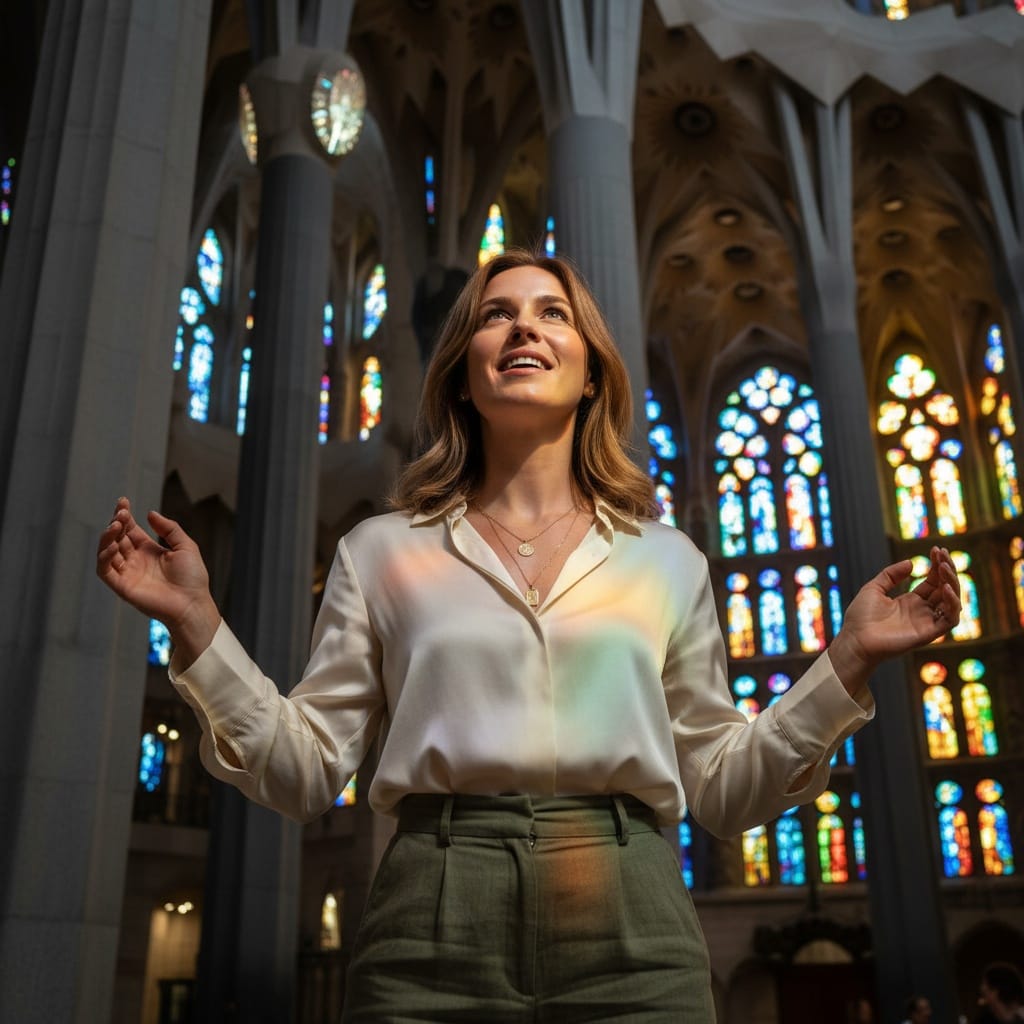 athletic white woman sagrada familia interior awe 39855762