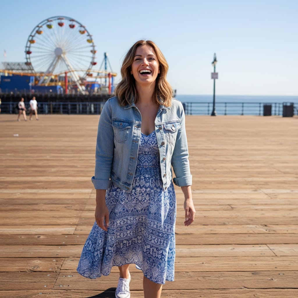 athletic white woman santa monica pier lifestyle 83588123