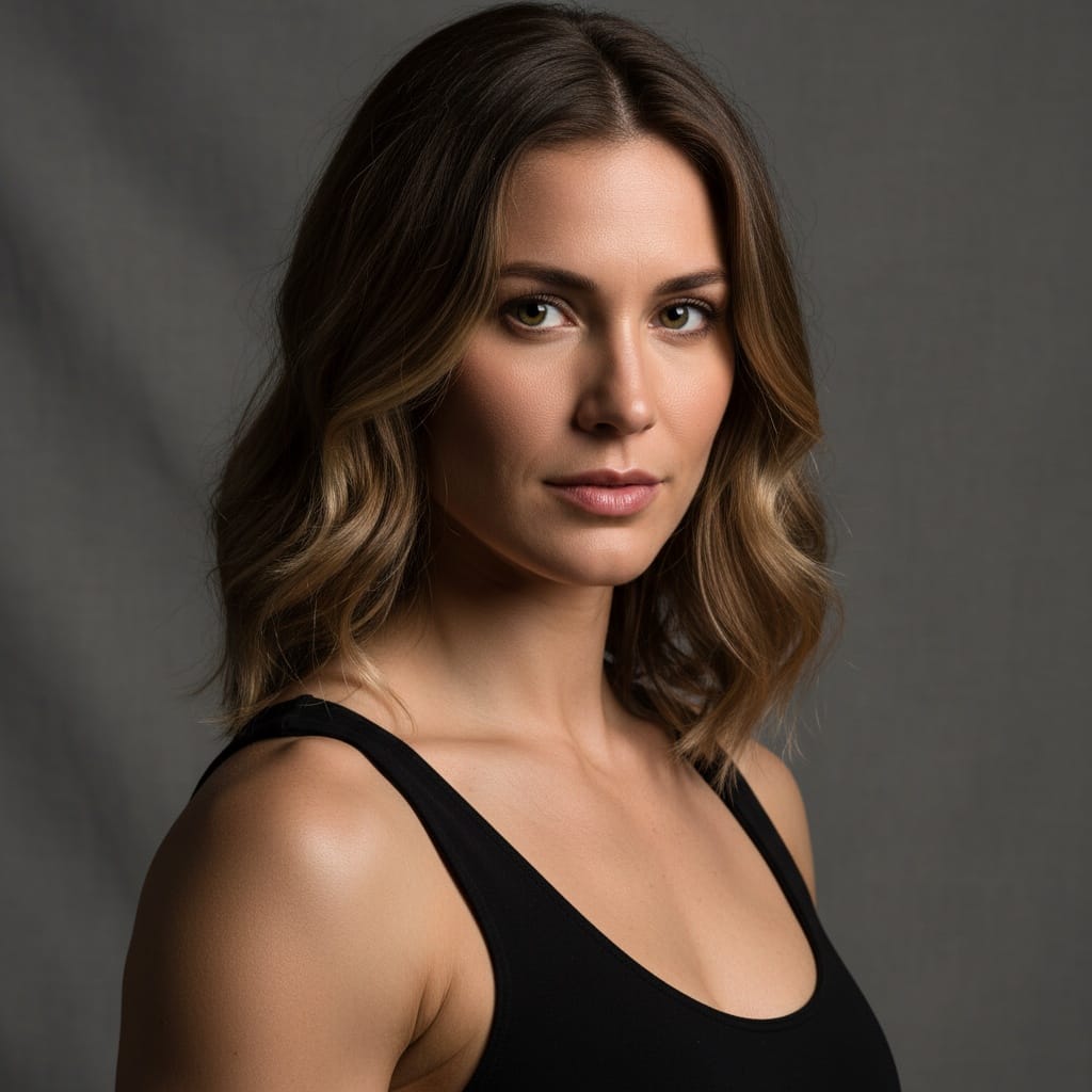 athletic white woman serious editorial look 50369600