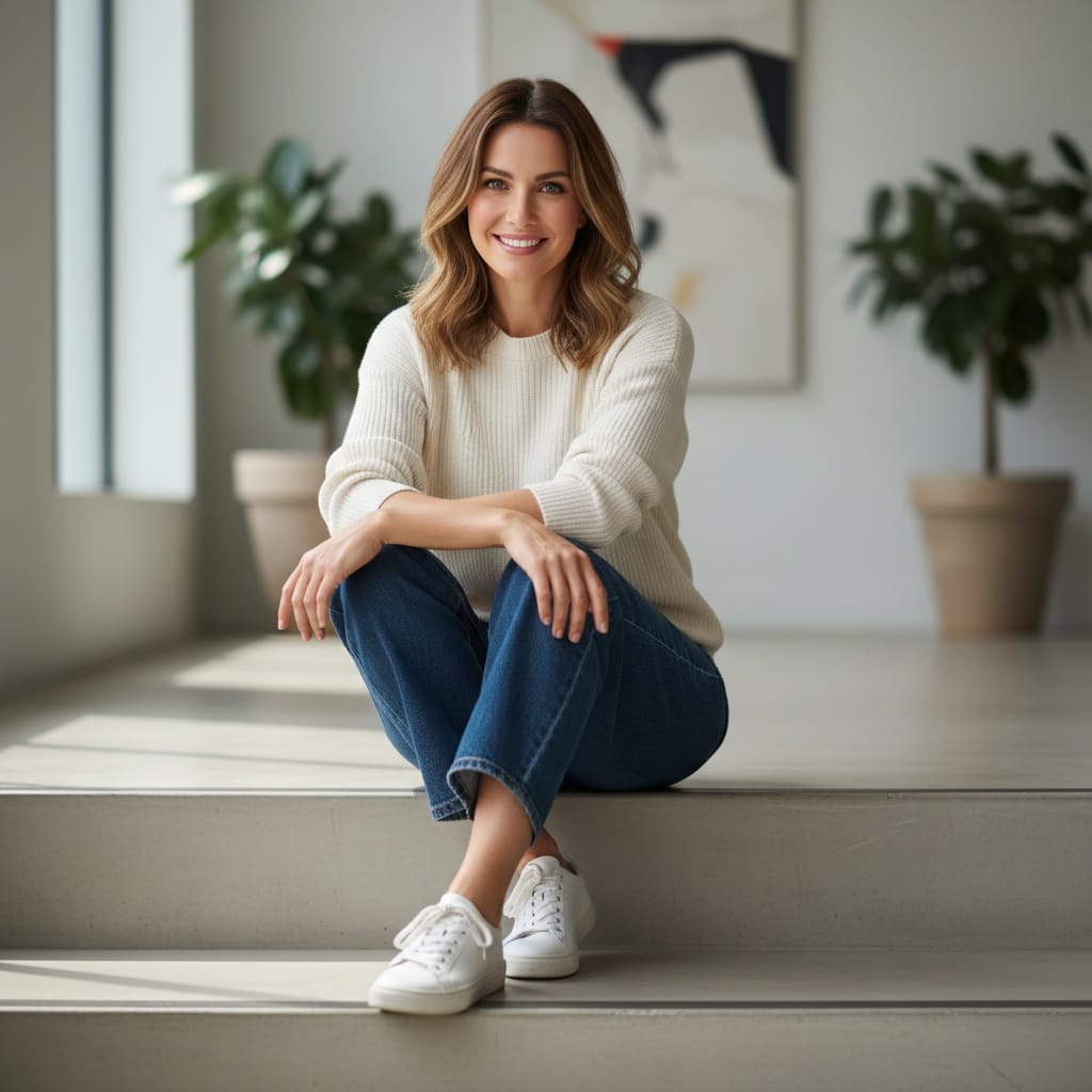 athletic white woman sitting relaxed lifestyle pose 18614865