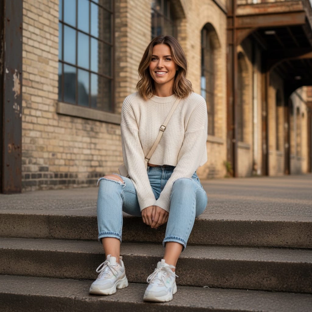 athletic white woman sitting steps casual 97342777