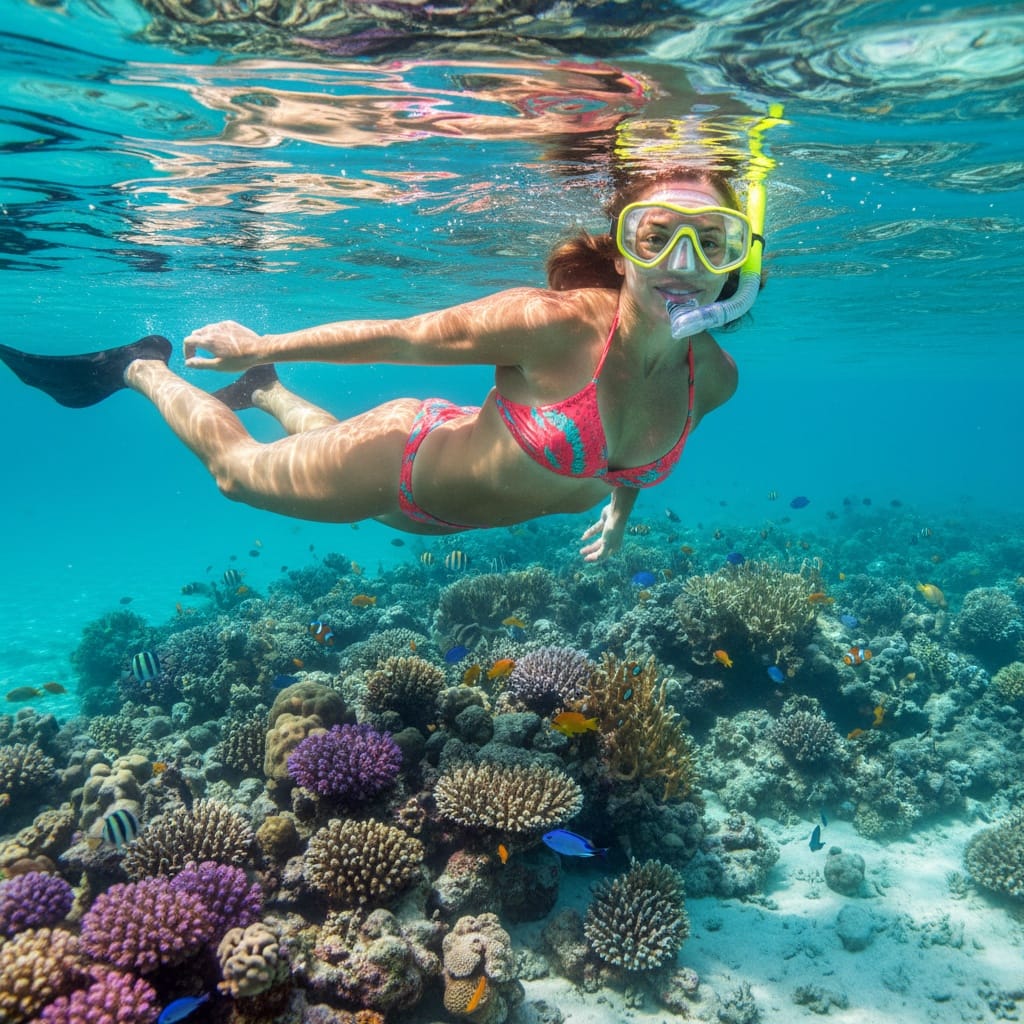 athletic white woman snorkeling coral reef 49889650