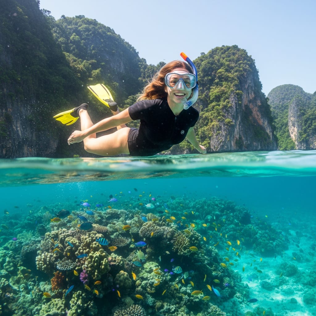 athletic white woman snorkeling coral reef 92941124