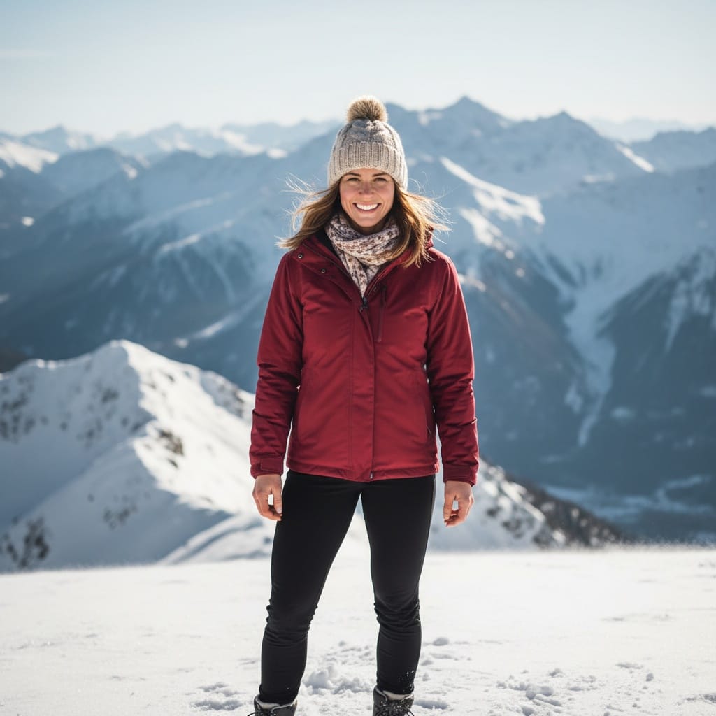 athletic white woman snowy mountain portrait 30716474