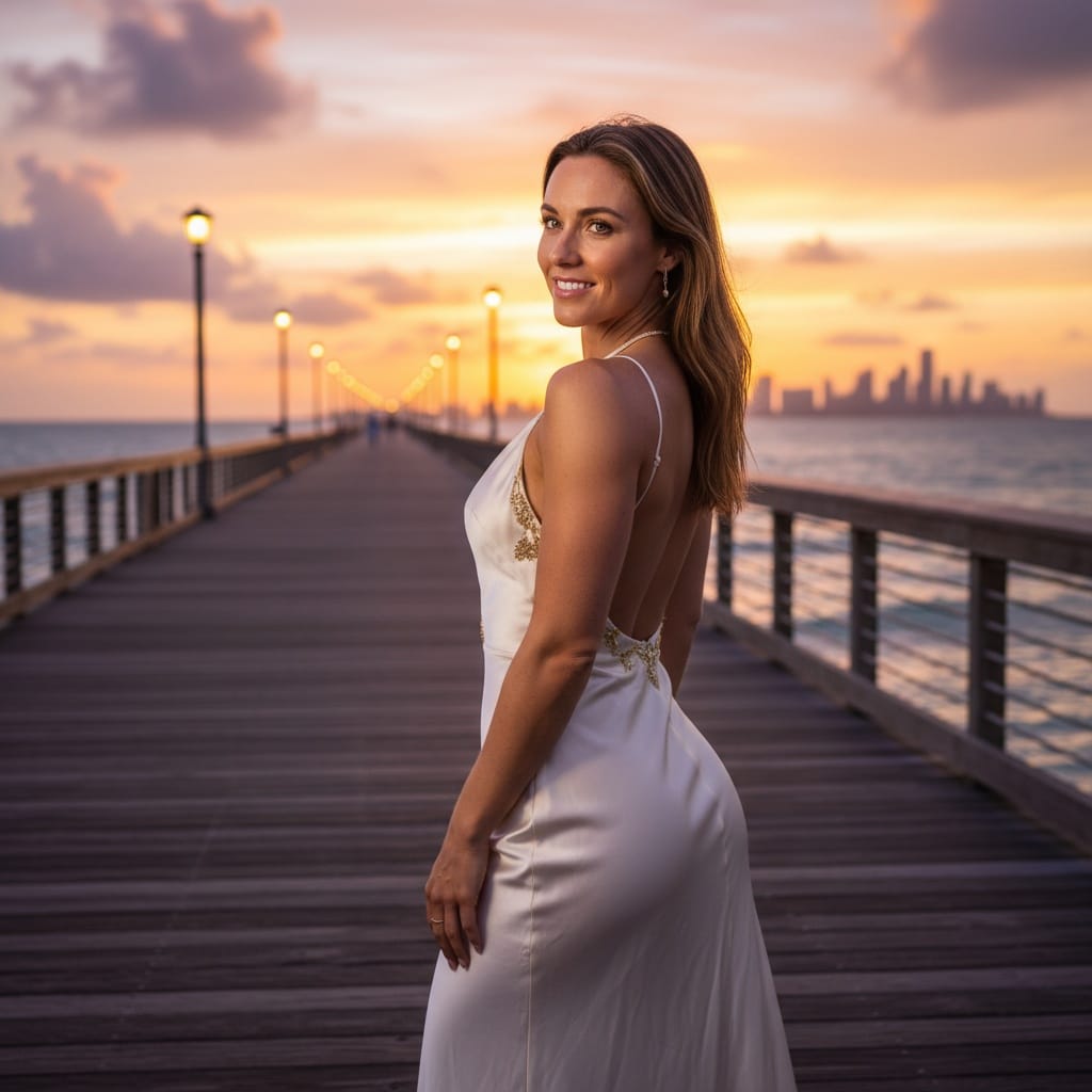 athletic white woman south pointe pier sunset 57048064