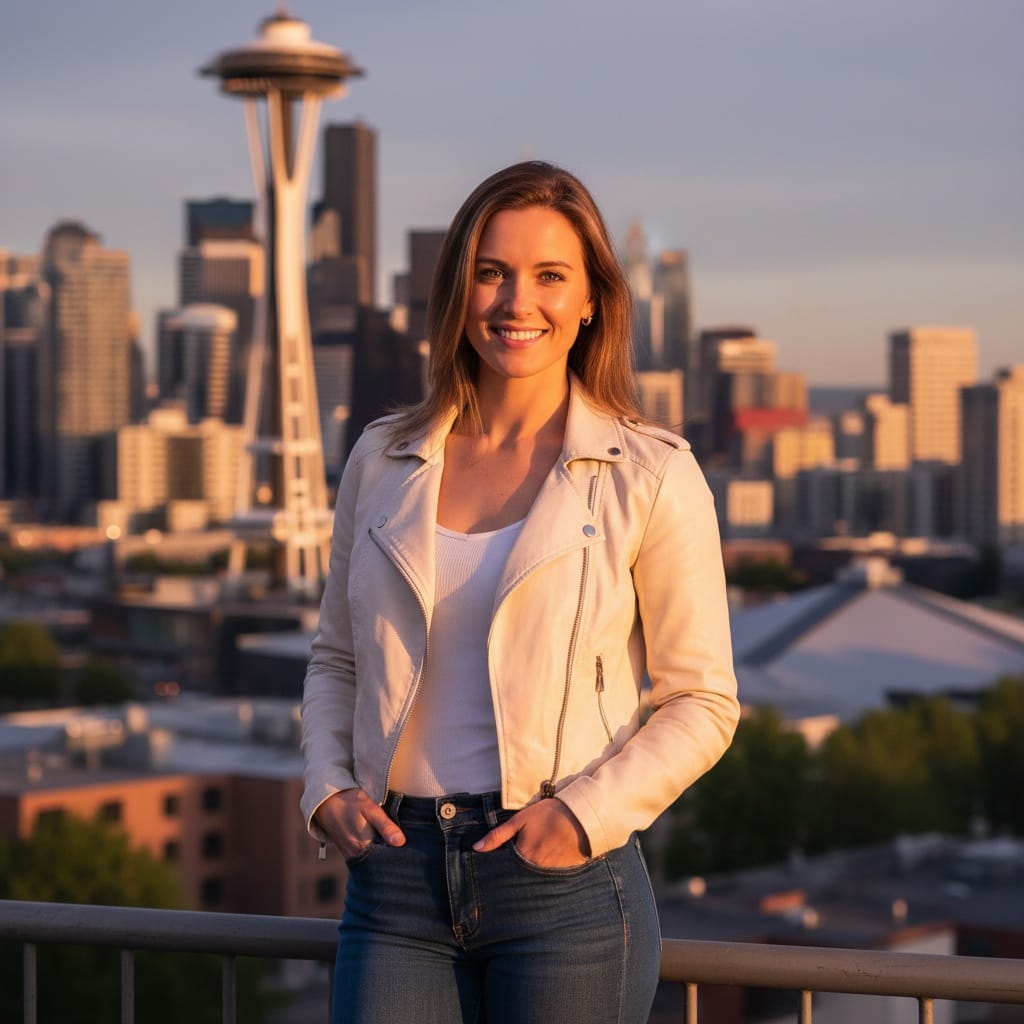 athletic white woman space needle golden hour 20655826