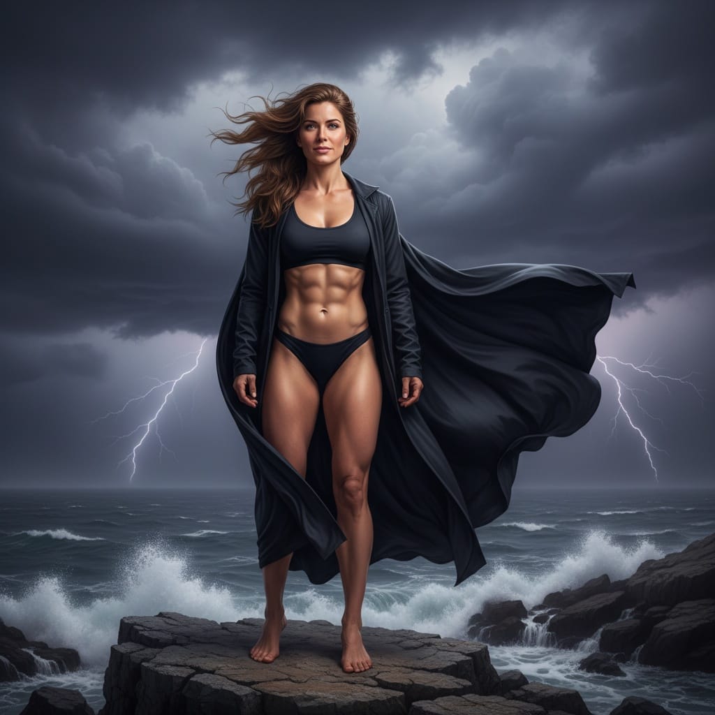 athletic white woman stormy cliff overlord 34421341