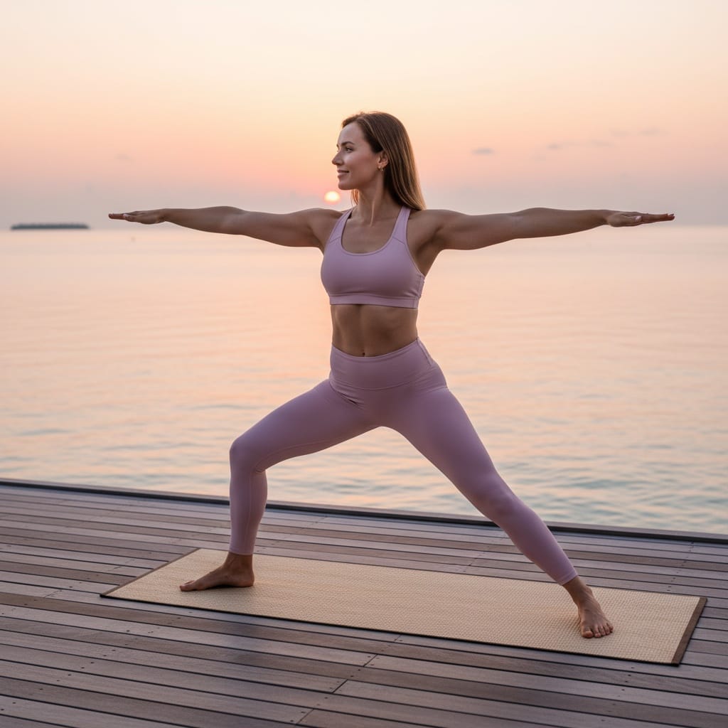 athletic white woman sunrise yoga deck 84302491