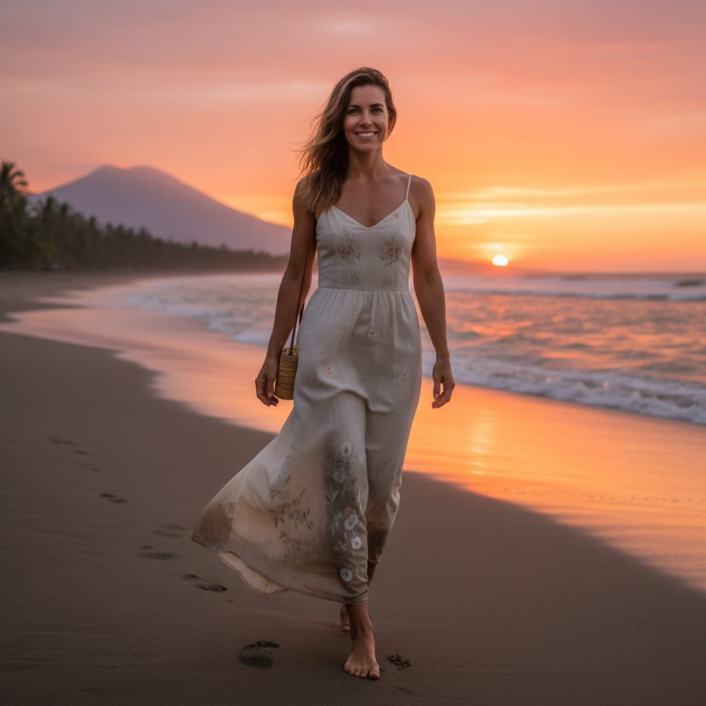 athletic white woman sunset beach walk 67865189