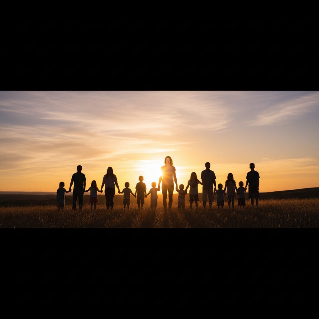athletic white woman sunset family silhouette 80487316