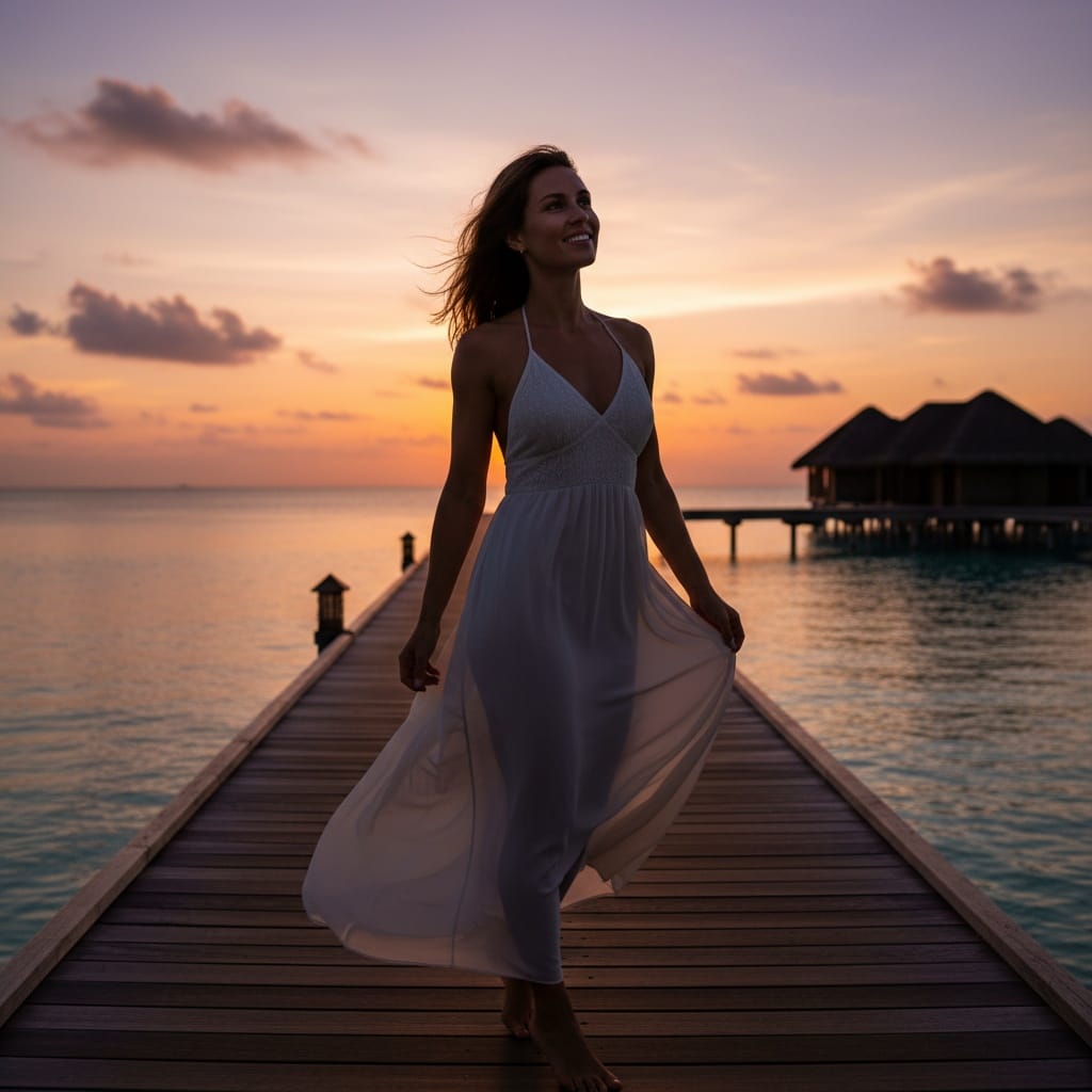 athletic white woman sunset pier silhouette 69261374