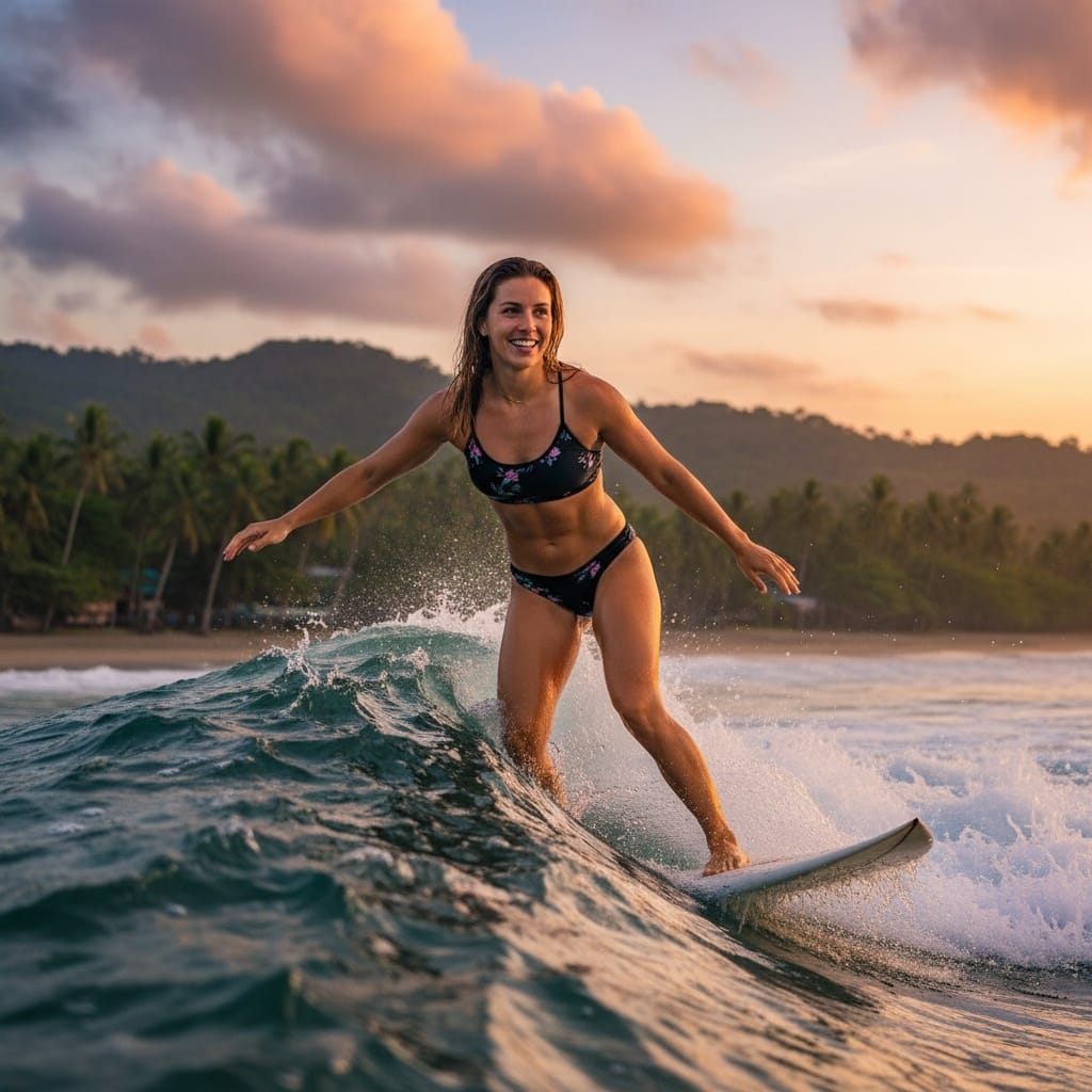 athletic white woman surfing pacific coast beach 21579107