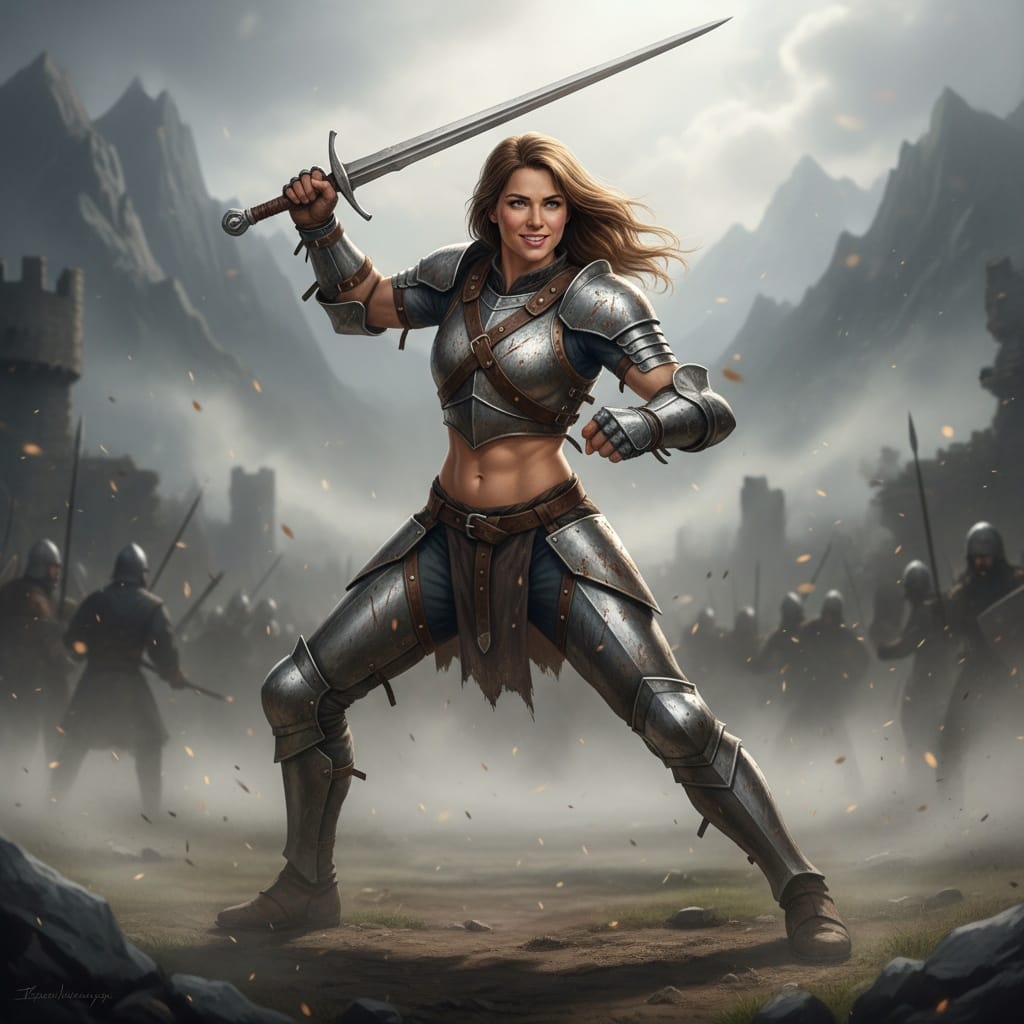 athletic white woman sword combat ready pose 38060252