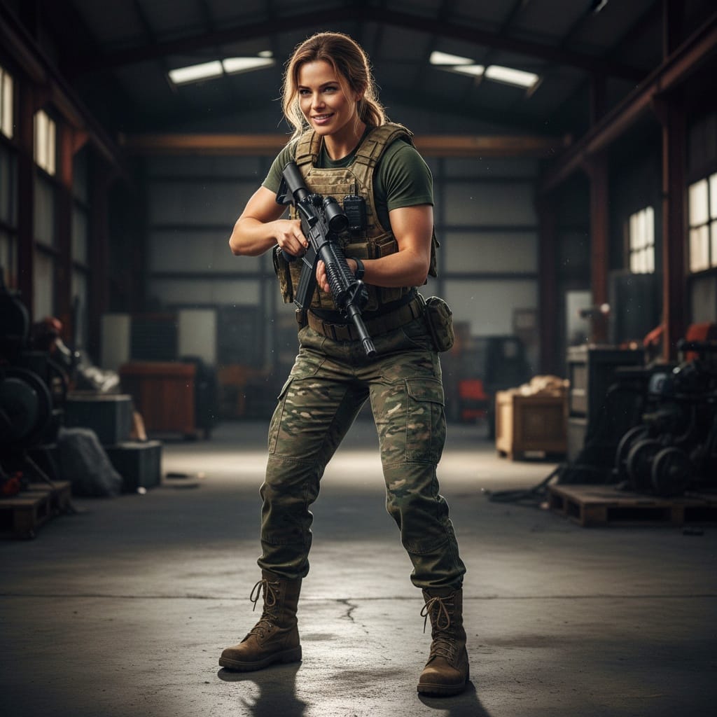 athletic white woman tactical gear ready for action 33901721