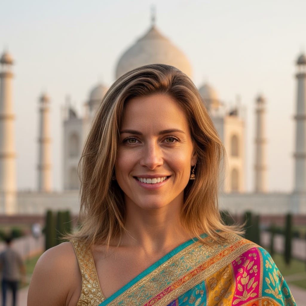 athletic white woman taj mahal close portrait 20292113