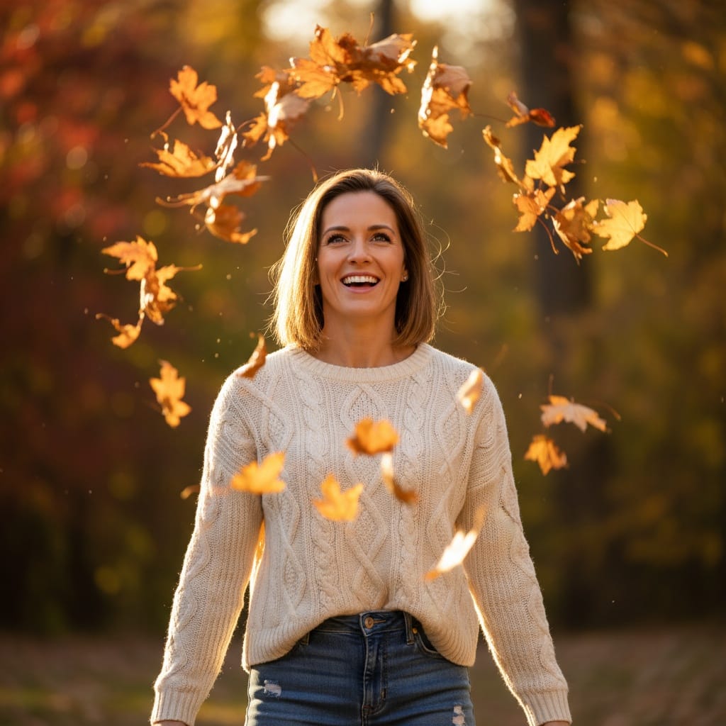 athletic white woman throwing autumn leaves 86214482