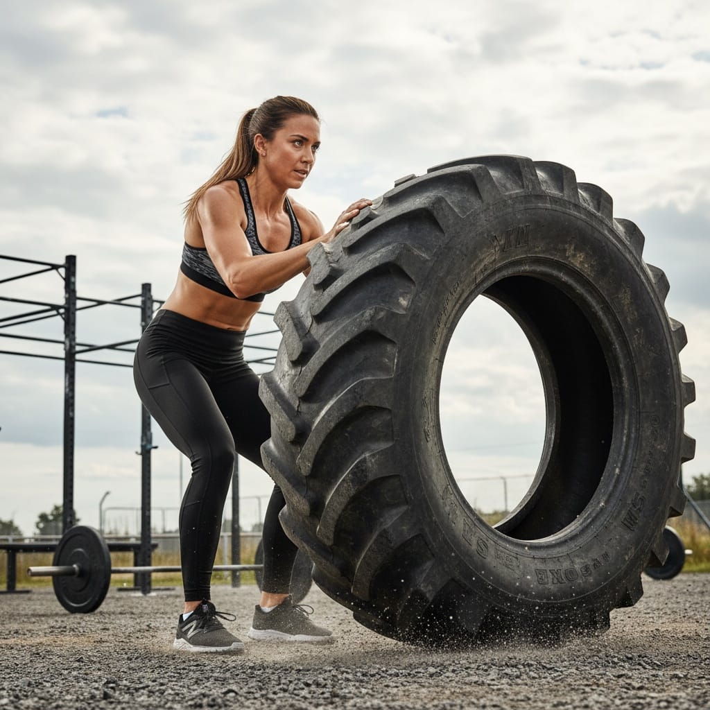 athletic white woman tire flip raw power 64262583