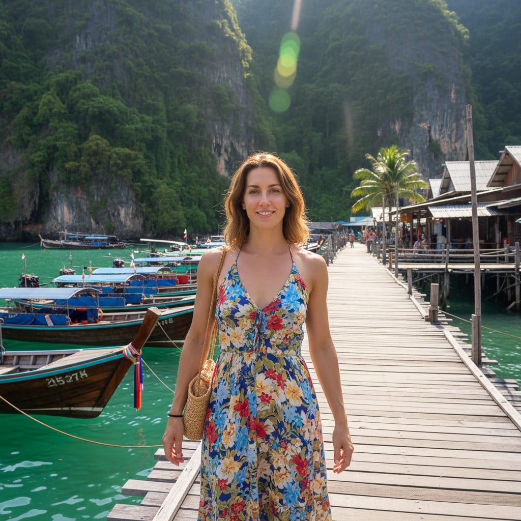 athletic white woman traditional fishing village 38104584