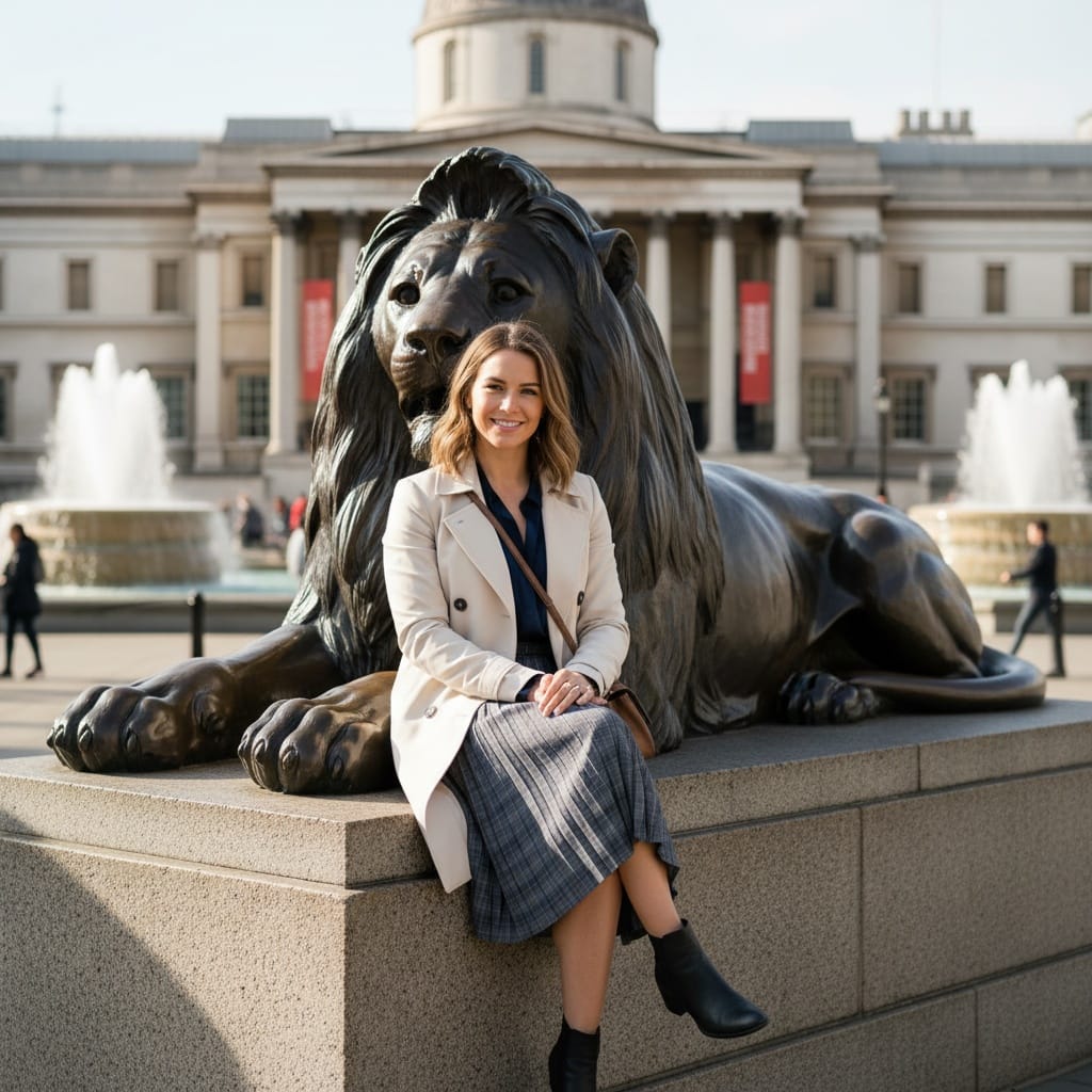 athletic white woman trafalgar square lions 99791227
