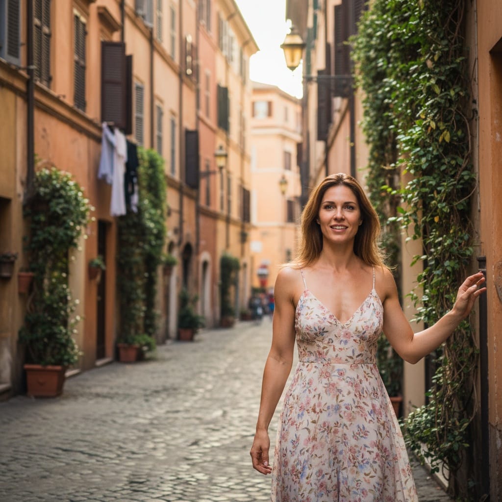 athletic white woman trastevere cobblestone street 94887410