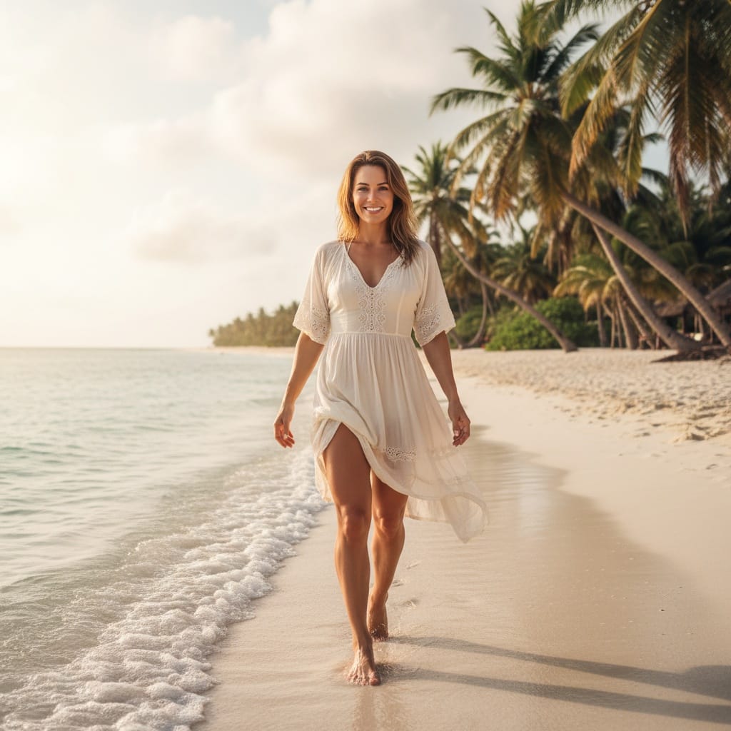 athletic white woman tropical beach walk 83306123
