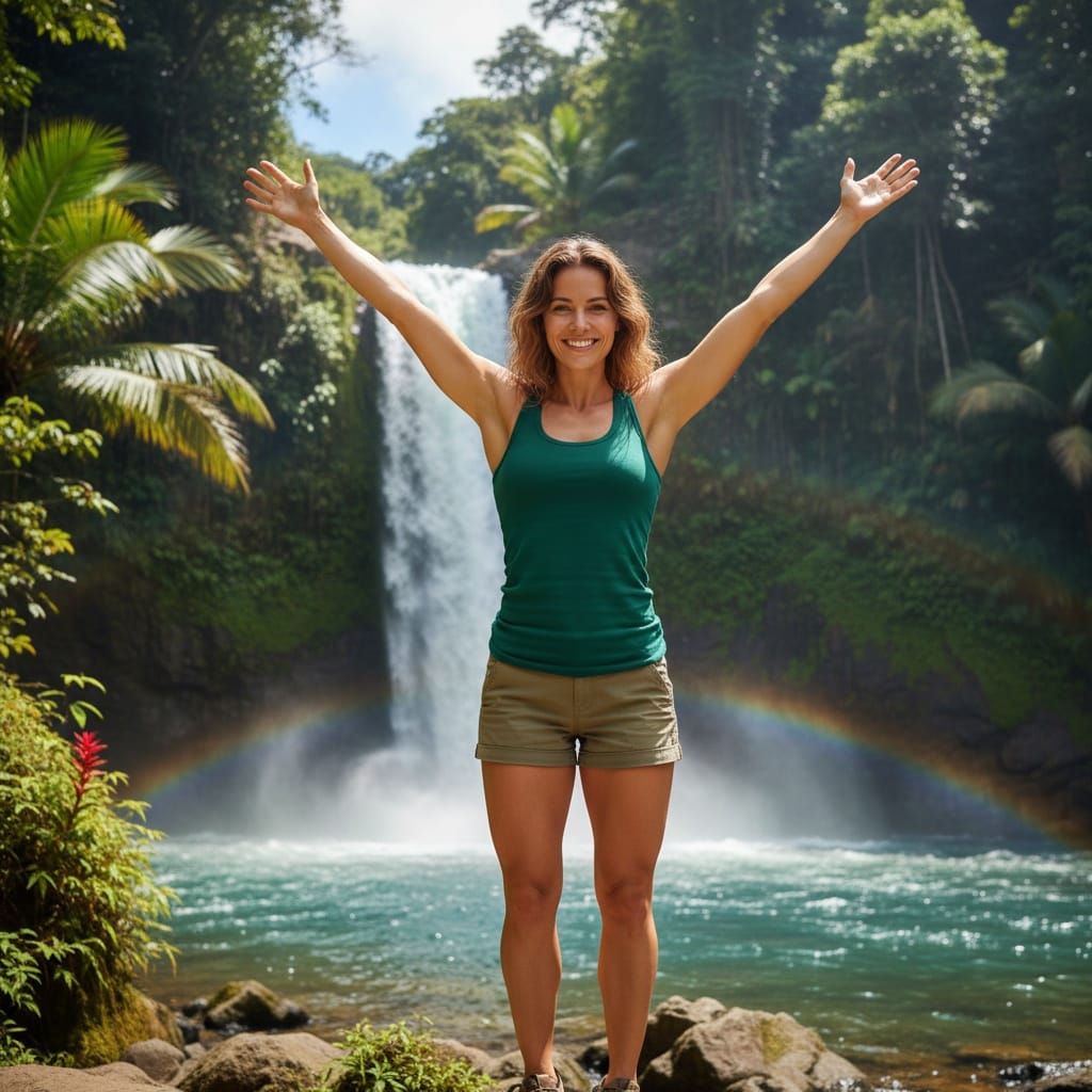 athletic white woman tropical waterfall nature 40587050