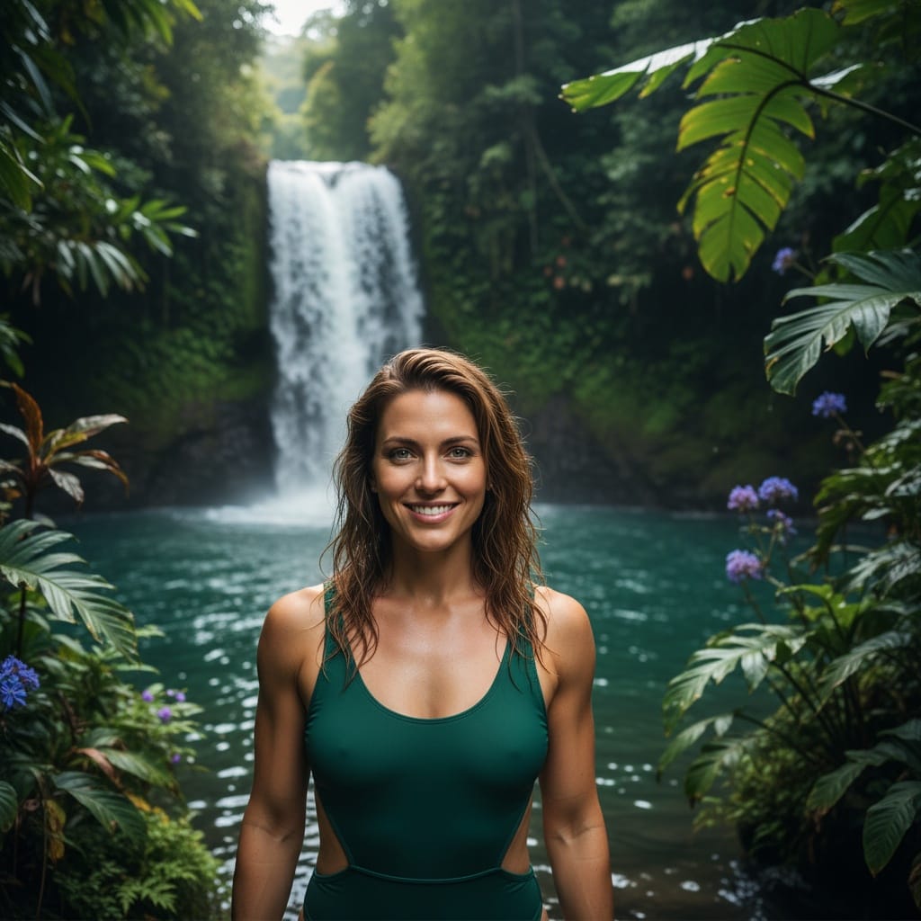athletic white woman tropical waterfall pool 10361975