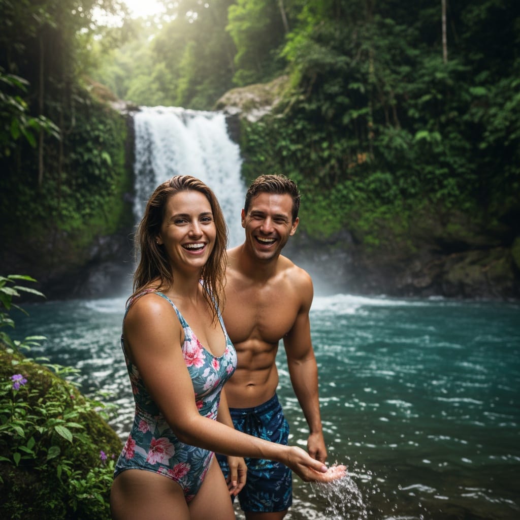 athletic white woman tropical waterfall scene 37229049