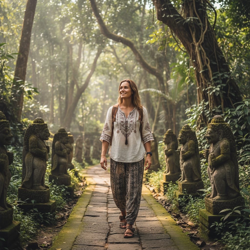 athletic white woman ubud monkey forest path 92029603